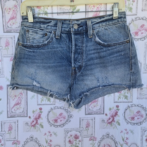 Levi's Pants - Levi's 501 Women's Blue Denim Distressed Raw Hem Button Fly Cutoff Shorts Sz 27